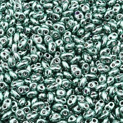 Light Sea Green Dyed Opaque Colours Glass Seed Beads, Silver Lined, 2-Hole, Oval, Light Sea Green, 5x4x2.5mm, Hole: 0.9mm, about 450g/bag