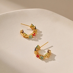 Golden Colorful Cubic Zirconia Heart Wrap Sutd Earrings, Brass Half Hoop Earrings for Women, Golden, 18x2.3mm