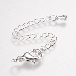 Silver Brass Chain Extender, with 304 Stainless Steel Lobster Claw Clasps, Silver, Total Long: 74~78mm, Lobster Clasp: 7x12mm, Extend Chain: 60mm, Hole: 3~4.5mm