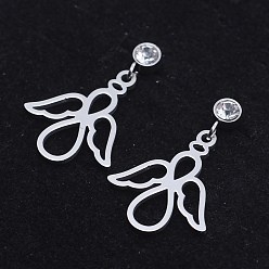 Stainless Steel Color 201 Stainless Steel Dangle Stud Earrings, with Clear Cubic Zirconia, Angel, Stainless Steel Color, 23.5mm, Pin: 0.8mm