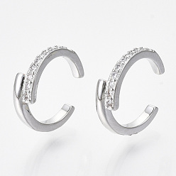 Real Platinum Plated Brass Micro Pave Clear Cubic Zirconia Cuff Earrings, Nickel Free, Clear, Real Platinum Plated, 13x3.5mm, Inner Diameter: 10mm