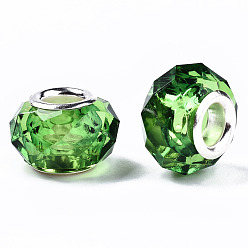 Lime Vert Résine transparente perles européennes, cristal d'imitation, Perles avec un grand trou   , laiton avec ton argent noyaux doubles, facette, rondelle, lime green, 14x9.5mm, Trou: 5mm