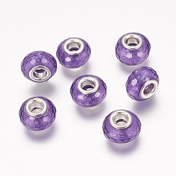 Темно-Фиолетовый Бусины из смолы европейского стиля, граненые , бусины с большими отверстиями в форме шайбы, с латунными ярдами серебянного цвета , темно-фиолетовый, 14x9 мм, отверстие : 5 мм