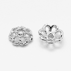 Real Platinum Plated 7-Petal Brass Caps, Long-Lasting Plated, Real Platinum Plated, Nickel Free, Flower, 8x3mm, Hole: 1mm