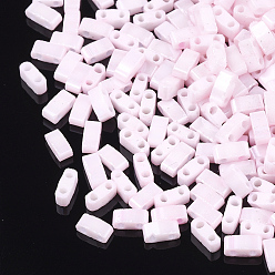 Pink 2-Hole Opaque Glass Seed Beads, Lustered, Rectangle, Pink, 4.5~5.5x2x2~2.5mm, Hole: 0.5~0.8mm