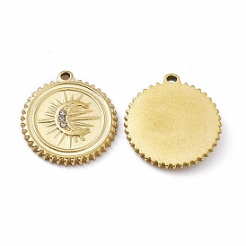 Vacuum Plating 201 Stainless Steel Pendants, with Rhinestone, Real 18K Gold Plated, Flat Round with Moon Charms