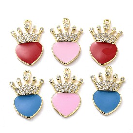 Brass Micro Pave Clear Cubic Zirconia Pendants, with Enamel, Real 18K Gold Plated, Heart with Crown Charms