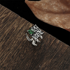Vintage Geometric Green Stone Silver Ring for Women - S925 Sterling with Zircon Accent