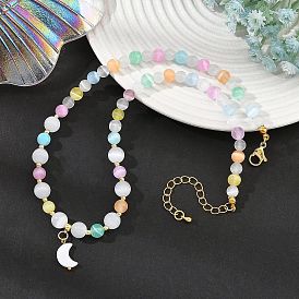 Natural Selenite & Cat Eye Round Beaded Necklaces for Women, with Natural Freshwater Shell Moon Charms, Golden
