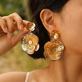 Flower Brass Stud Earrings, Dangle Earring for Women