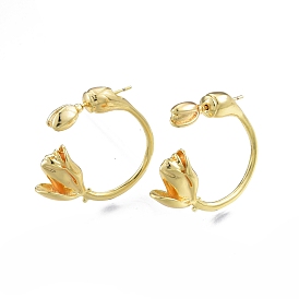 Brass Flower Tulip Front Back Stud Earrings, Half Hoop Earrings for Women, Nickel Free