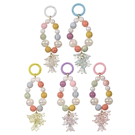 Lily Flower Acrylic Pendant Decorations, with Resin Beads and Alloy Spring Gate Rings