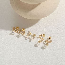 Golden Brass with Glass Dangle Stud Earrings, Natural Pearl Drop Earrings