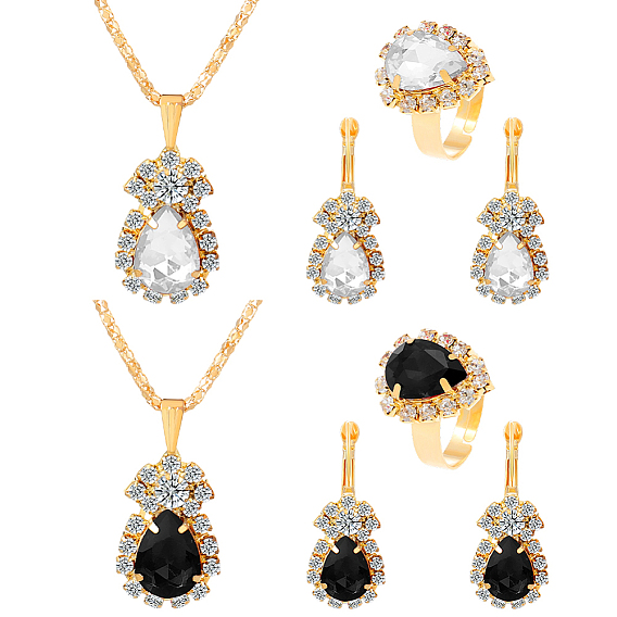2 серьги-капельки с застежкой-рычагом, ожерелья и кольца с цветными стразами, комплект украшений из сплава с железом для женщин, золотой свет