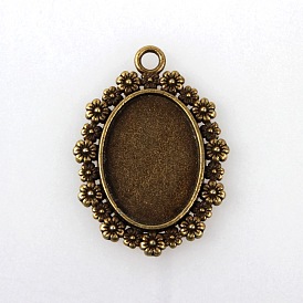 Vintage Tibetan Style Alloy Flower Pendant Cabochon Bezel Settings, Cadmium Free & Nickel Free & Lead Free, Oval Tray: 25x18mm, 41x29.5x2.5mm, Hole: 3mm, about 166pcs/kg
