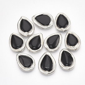 Natural Black Onyx Beads, Electroplate Polymer Clay Edge, Dyed, Teardrop