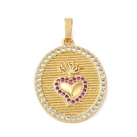 Rack Plating Brass Micro Pave Clear Cubic Zirconia Pendants, Long-Lasting Plated, Lead Free & Cadmium Free, Oval with Heart Charms