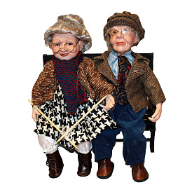 Porcelain Doll Display Ornaments, Old Couple with Cloth Clothes, for Home Desk & Doll House Decoration