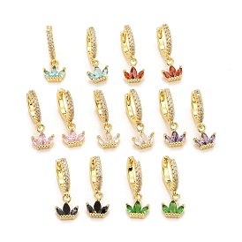 Rack Plating Brass Micro Pave Cubic Zirconia Huggie Hoop Earrings, Dangle Earing, Long-Lasting Real 18K Gold Plated, Lead Free & Cadmium Free, Crown
