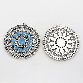 Antique Silver Tone Alloy Enamel Pendants, Flat Round, 56x52x2.5mm, Hole: 2.5mm