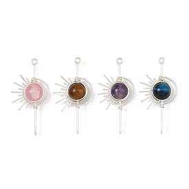 4 piezas 4 estilos colgantes redondos envueltos en alambre de jade verde natural teñido, amatista, ojo de tigre amarillo y ojo de tigre azul teñido, encantos del sol, el color plateado de plata