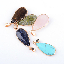 Teardrop Mixed Stone Pendants, with Golden Tone Brass Findings, 35~36x16~17x6mm, Hole: 4x6mm