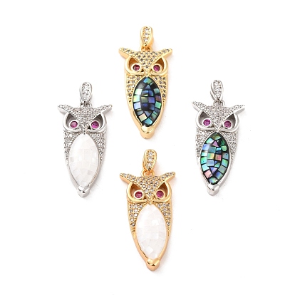 Natural Shell Pendants, with Cubic Zirconia and Brass Findings, Owl