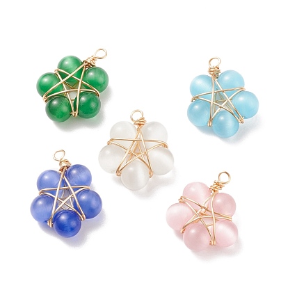 Cat Eye Pendants, with Real 18K Gold Plated Copper Jewelry Wire, Flowerr