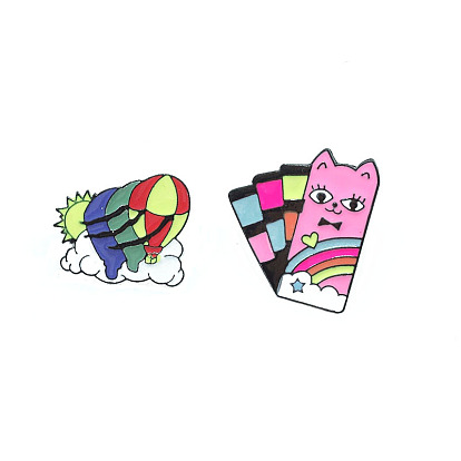 Colorful Cartoon Cat Foundation & Hot Air Balloon Brooch for Fashionable Denim Jackets
