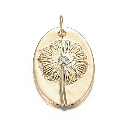 Brass Micro Clear Cubic Zirconia Pendants, Long-Lasting Plated, Oval with Dandelion
