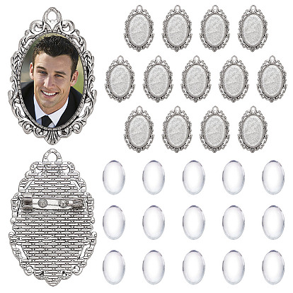 15 Stück tibetische Broschen-Cabochon-Fassungen, mit Eisenstange zurück Pins, cadmiumfrei und bleifrei, mit 15pcs transparenten ovalen Glascabochons