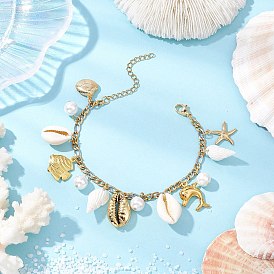 Браслеты с подвесками из натуральной нержавеющей стали, браслеты figaro chains для женщин, форма ракушки и морская звезда и дельфин и бусины из ракушки и золотая рыбка