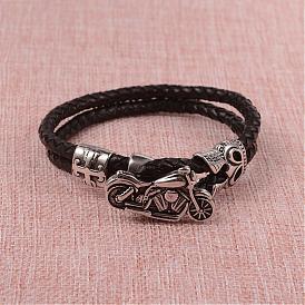Braided Leather Cord Bracelets, Multi-strand Bracelets, with 316 Surgical Stainless Steel Motorcycle Clasps, Antique Silver, 235x5x2mm