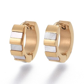 304 Stainless Steel Huggie Hoop Earrings, with Natural Shell, Ring