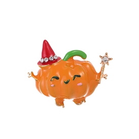 Halloween Pumpkin with Hat Alloy Rhinestone Brooches, Enamel Pins, Golden