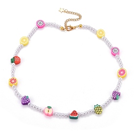 Colliers de perles de fruits en pâte polymère, avec des perles d'imitation en plastique ABS et des fermoirs à pince de homard en alliage, or
