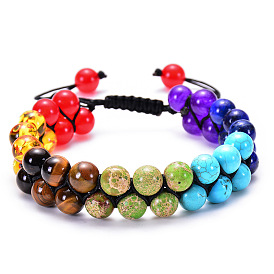 Colorful Natural Stone Double Strand Bracelet for Couples with Crystal Beads and Braided Design