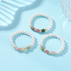 Регулируемые кольца на палец из натурального турмалина с жемчужными бусинами для женщин, стрейч-кольца