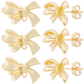 5 пары латунных сережек-гвоздиков, бантом, с латунными фрикционными гайками с реечным покрытием 10шт.