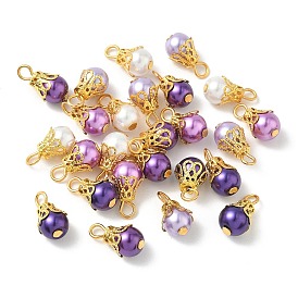 50Pcs 5 Colors Glass Pearl & Iron Pendants, Round Charms, Mixed Color