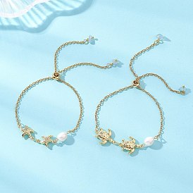 2шт. 304 Браслеты-слайдеры из нержавеющей стали с кабельной цепочкой, Браслеты с изображением черепахи и морской звезды для женщин, с натуральными жемчужными бусинами и бусинами из аквамарина.