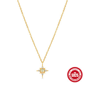 925 Sterling Silver Octagonal Star Diamond Opal Necklace for Women