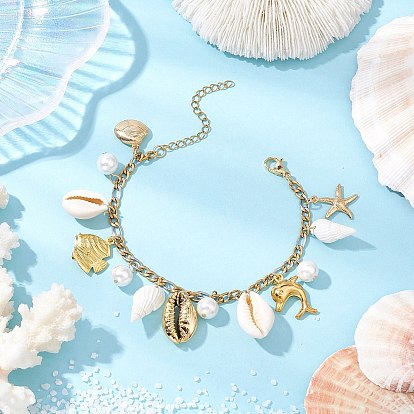 Браслеты с подвесками из натуральной нержавеющей стали, браслеты figaro chains для женщин, форма ракушки и морская звезда и дельфин и бусины из ракушки и золотая рыбка