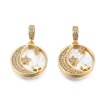Brass Micro Pave Clear Cubic Zirconia Pendants, with Natural Shell, Real 18K Gold Plated, Nickel Free, Flat Round with Moon & Star