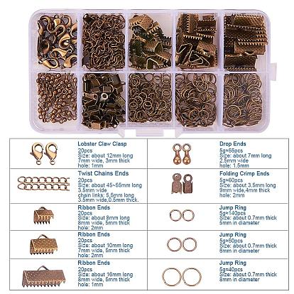 PandaHall Elite Jewelry Findings Sets, with Iron Folding Crimp Ends & Ribbon Ends & Jump Rings & Twisted Chains, Alloy End Piece and Brass Lobster Claw Clasps
