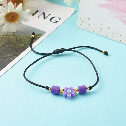 Adjustable Nylon Thread Cord Bracelets, with Handmade Column Polymer Clay and Brass Spacer Beads, Flower