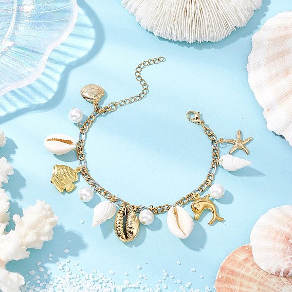 Браслеты с подвесками из натуральной нержавеющей стали, браслеты figaro chains для женщин, форма ракушки и морская звезда и дельфин и бусины из ракушки и золотая рыбка