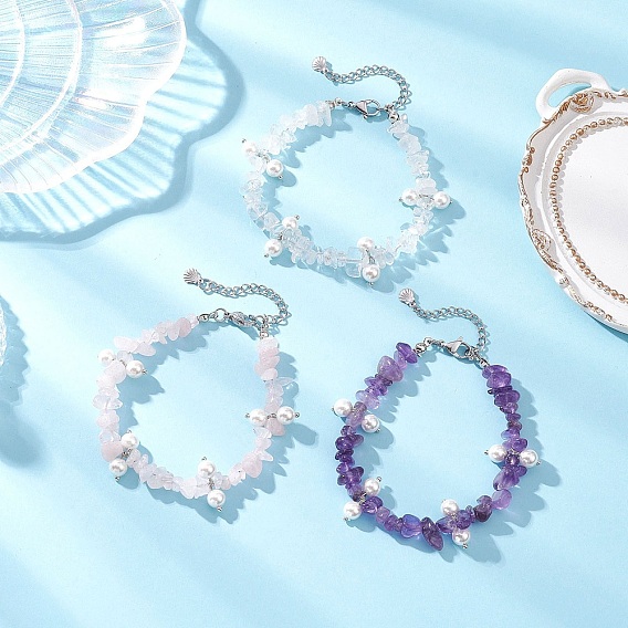 3Pcs Natural Mixed Gemstone Chip & Glass Shell Round Beaded Bracelets, with 304 Stainless Steel Findings