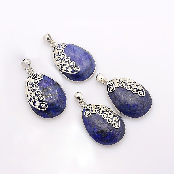 Natural Lapis Lazuli Pendants, Flower Teardrop Charms with Platinum Plated Brass Findings
