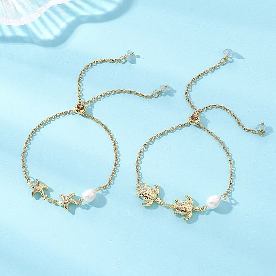 2шт. 304 Браслеты-слайдеры из нержавеющей стали с кабельной цепочкой, Браслеты с изображением черепахи и морской звезды для женщин, с натуральными жемчужными бусинами и бусинами из аквамарина.